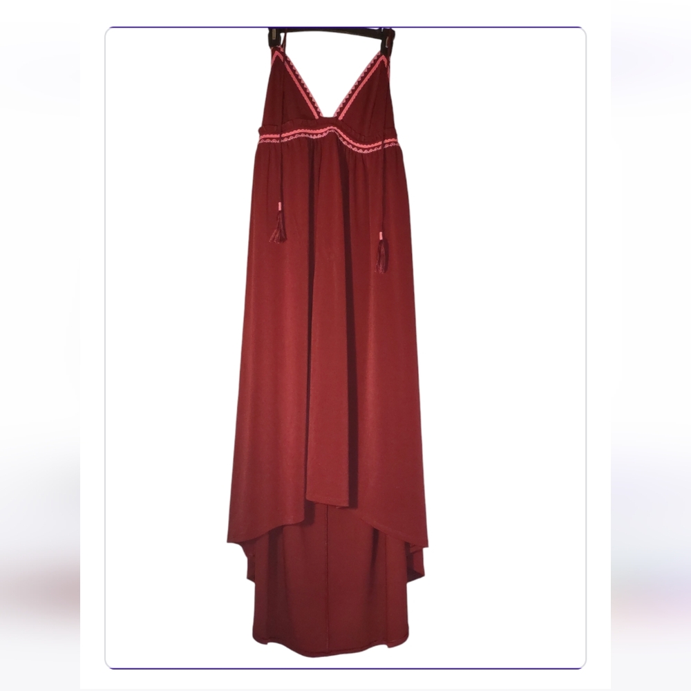 Womens Backless Burgundy Red w/ Pink Embroidery Maxi Party Dress Size Large